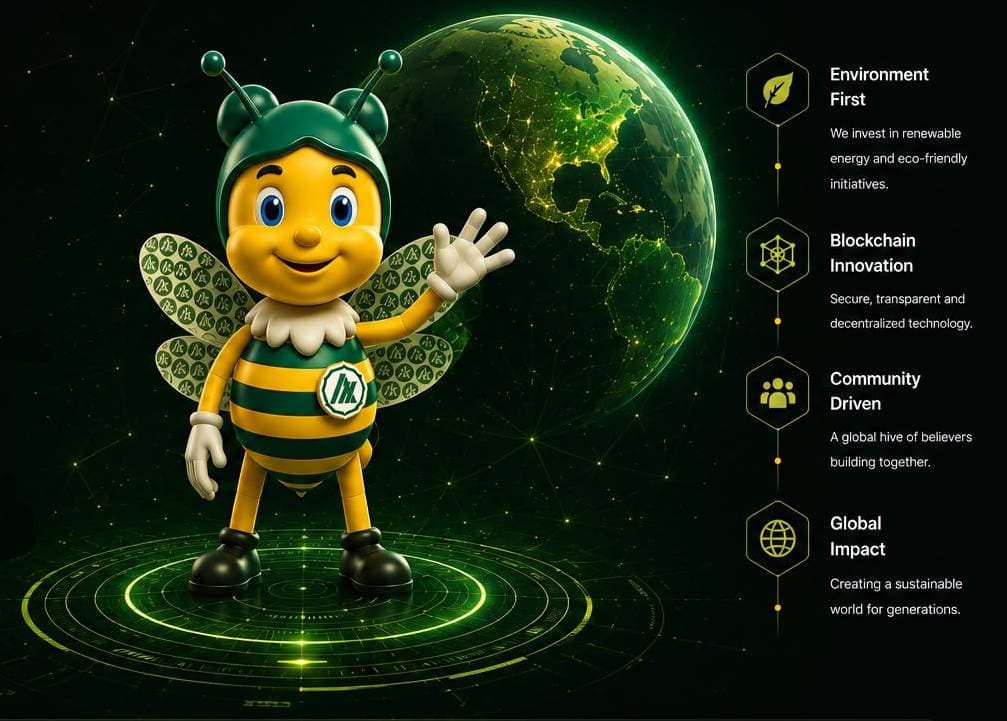 APECOIN ecosystem visual with the official bee mascot, Earth, blockchain network, and sustainability feature list.